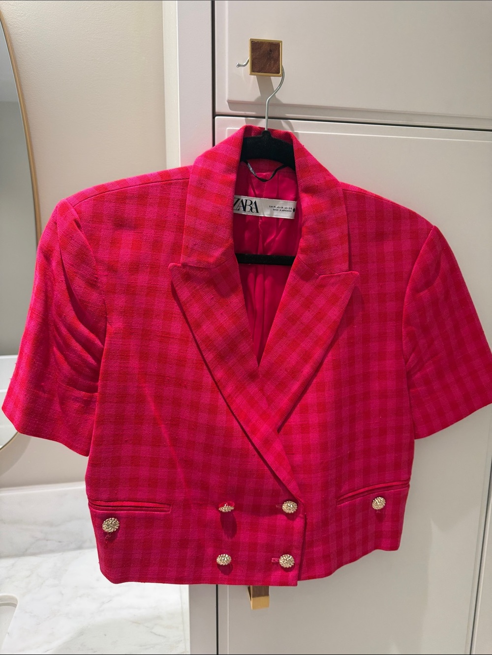 ZARA Hot Pink Checked Double-Breasted Cropped Linen Blazer